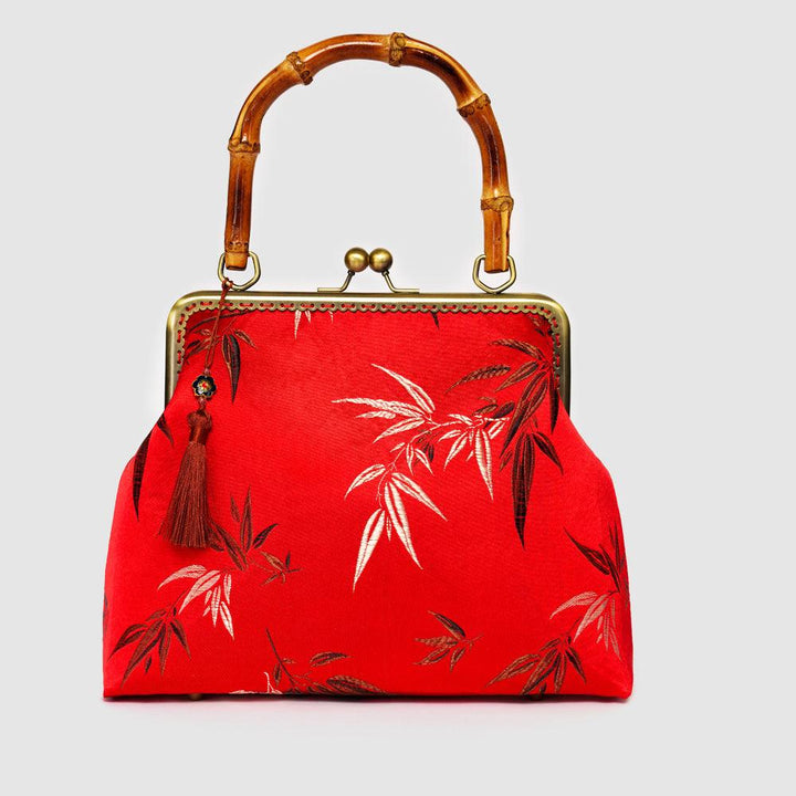 Red Brocade Bamboo Top Handle Handbag - Eastern Gifts