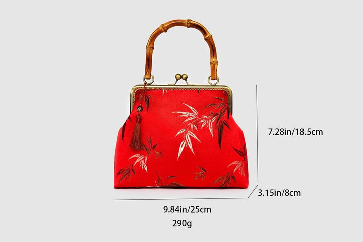 Red Brocade Bamboo Top Handle Handbag - Eastern Gifts