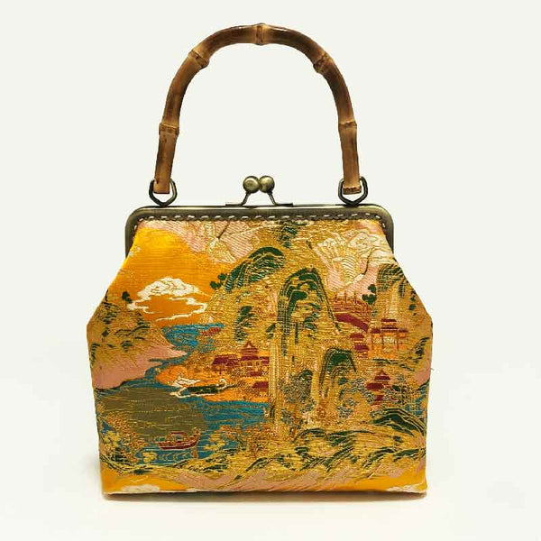 Chinese Silk handmade bag,with Golden Thread Brocade & Natural Bamboo Handle