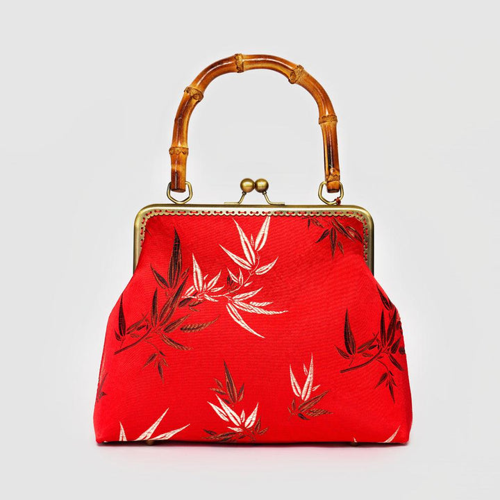 Red Brocade Bamboo Top Handle Handbag - Eastern Gifts