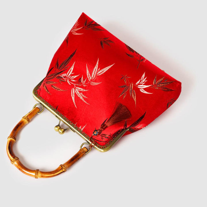 Red Brocade Bamboo Top Handle Handbag - Eastern Gifts