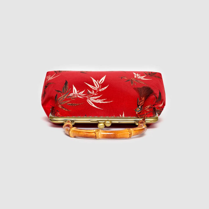 Red Brocade Bamboo Top Handle Handbag - Eastern Gifts