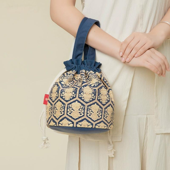 Drawstring handbag with Ancient Symbolism, Effortless Daily Chic - Eastern Gifts