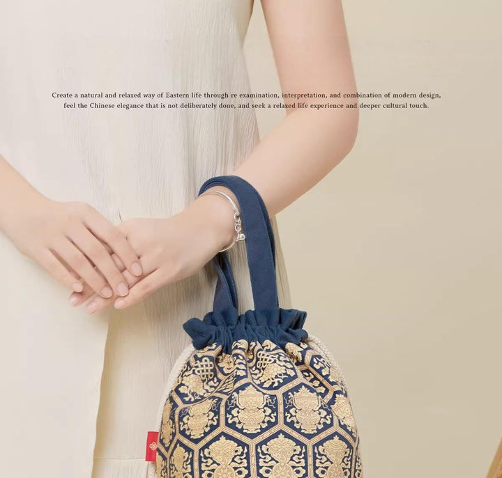 Drawstring handbag with Ancient Symbolism, Effortless Daily Chic - Eastern Gifts