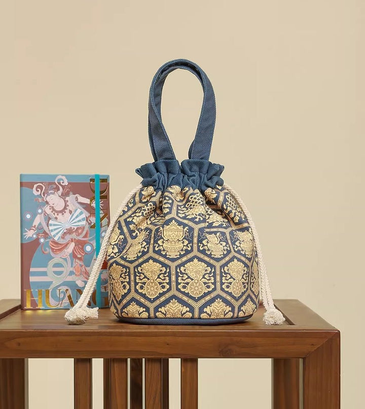 Drawstring handbag with Ancient Symbolism, Effortless Daily Chic - Eastern Gifts