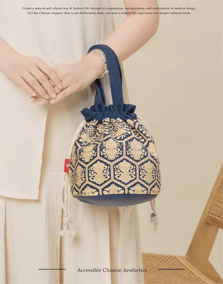 Drawstring handbag with Ancient Symbolism, Effortless Daily Chic - Eastern Gifts