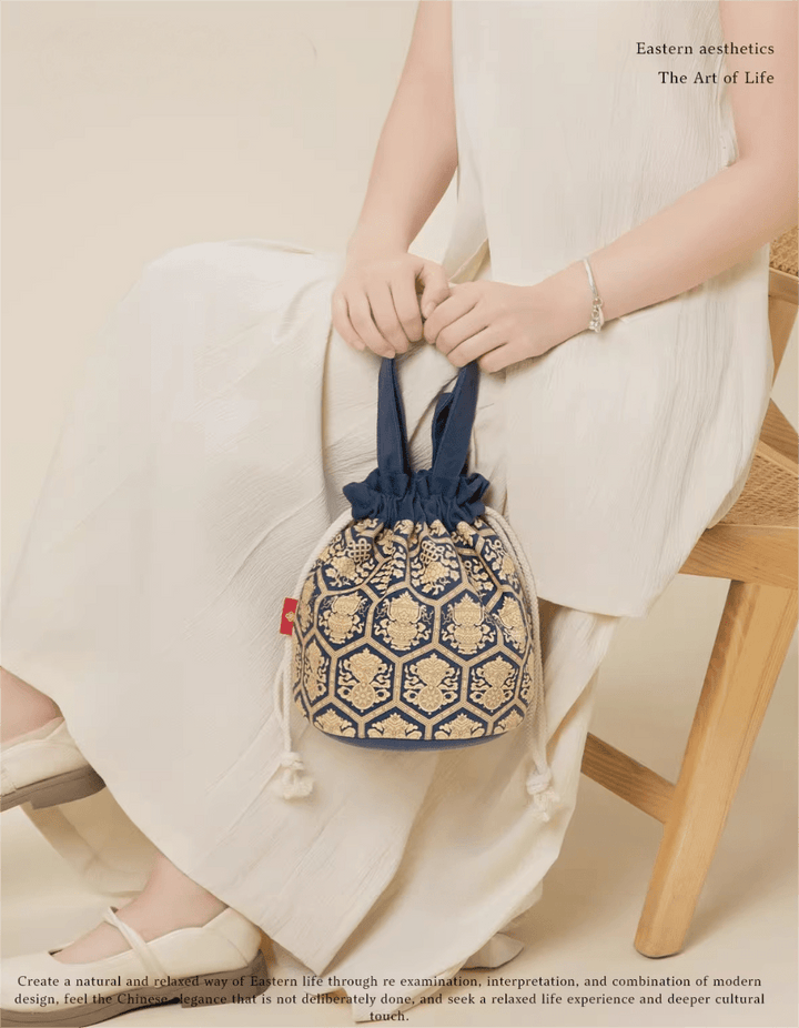 Drawstring handbag with Ancient Symbolism, Effortless Daily Chic - Eastern Gifts