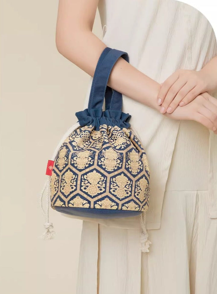 Drawstring handbag with Ancient Symbolism, Effortless Daily Chic - Eastern Gifts